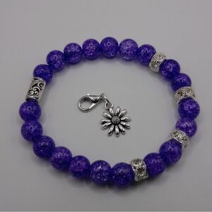 Purple Cracled Quartz Gemstone Bracelet with Silver Flowe Charm